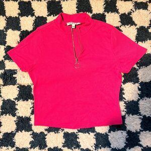 Hot Pink / Bright Pink Ribbed Stretchy Short Sleeve Top with a Mock Neck Size L